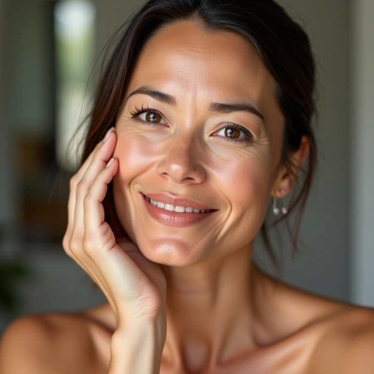 Mulher madura aplicando base com niacinamida para suavizar linhas finas.