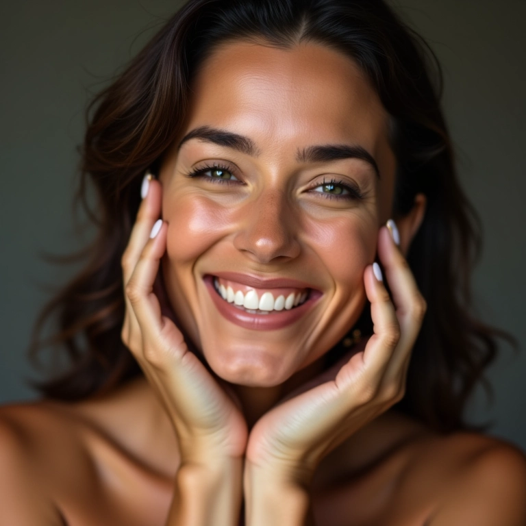 Mulher madura aplicando base de cobertura leve com expressão alegre.