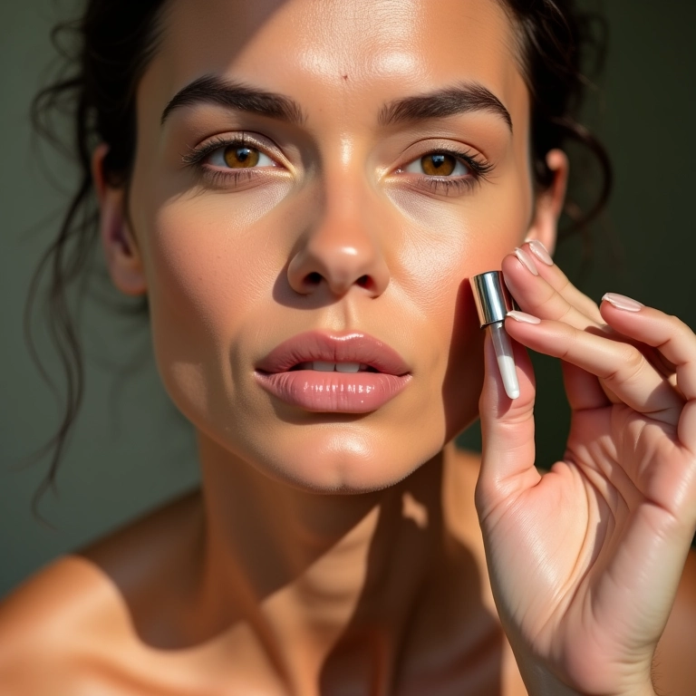 Mulher madura aplicando base em gotas para pele seca.