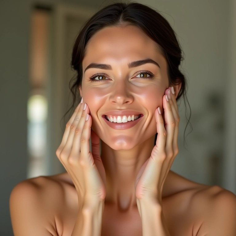 Mulher madura aplicando base hidratante em banheiro com estilo Farm Rio.