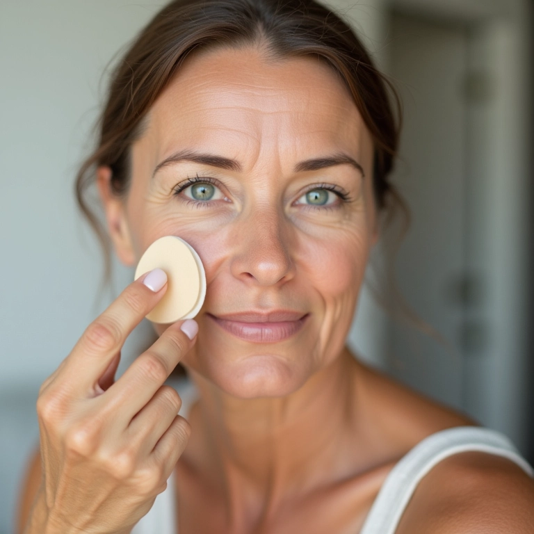 Mulher madura aplicando base leve e hidratante para uma cobertura natural.