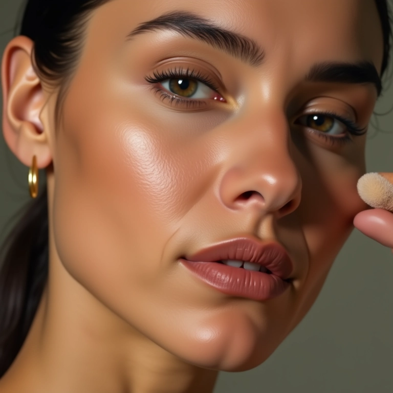 Mulher madura aplicando base para pele madura, com foco na cobertura ideal.