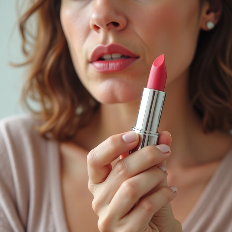 Mulher madura aplicando batom hidratante para lábios radiantes.