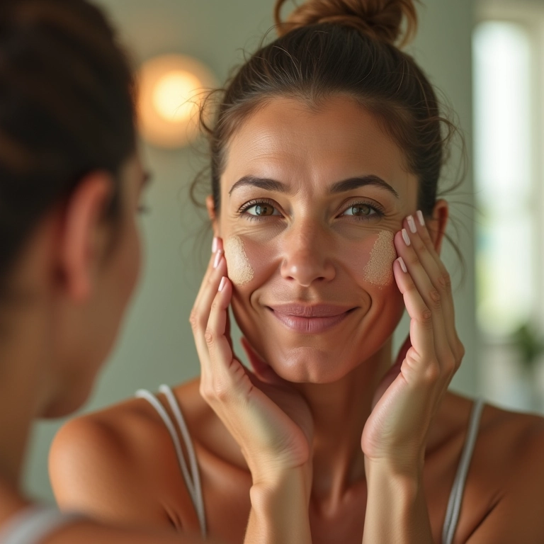 Mulher madura aplicando BB cream no rosto, pele radiante e saudável.