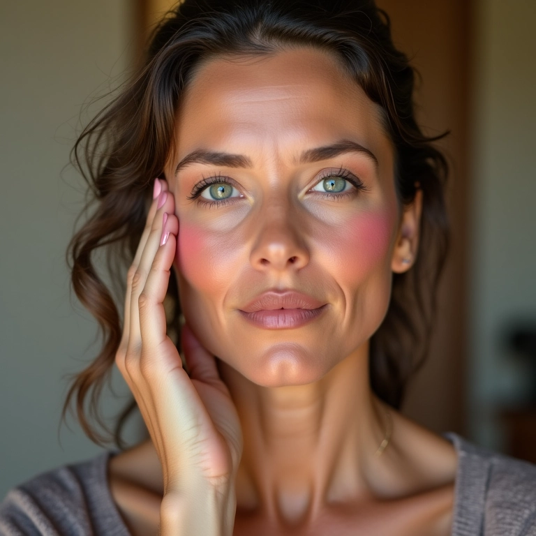 Mulher madura aplicando blush cremoso para um toque de saúde.