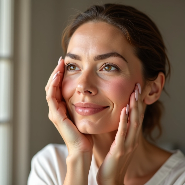 Mulher madura aplicando blush em pó solto pêssego.