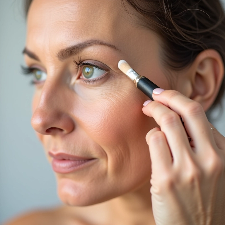 Mulher madura aplicando corretivo cremoso para iluminar e corrigir.