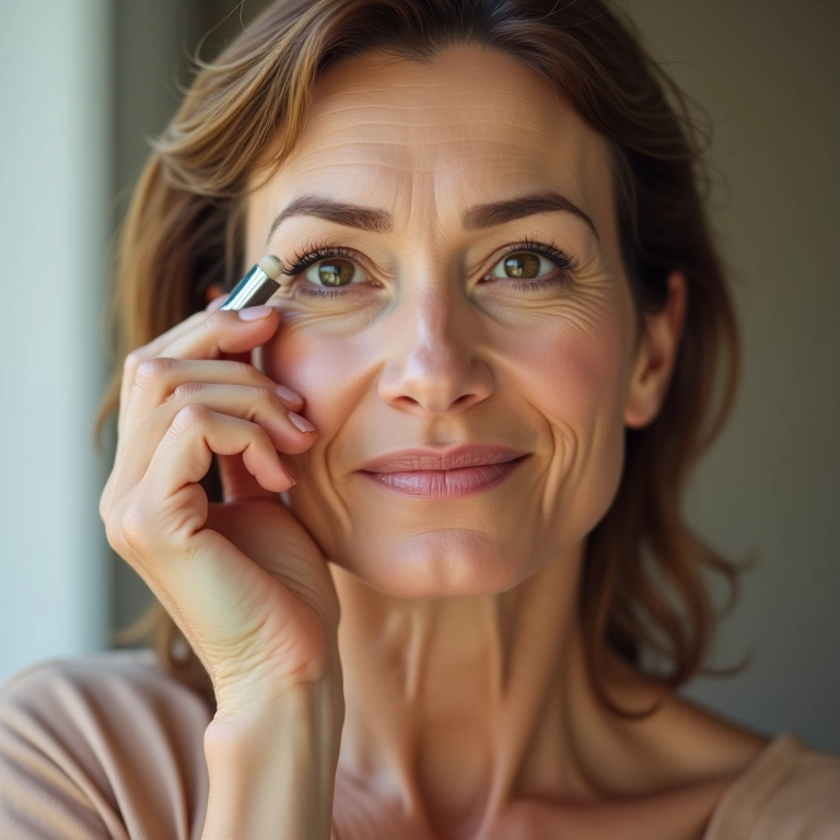 Mulher madura aplicando corretivo nas olheiras, pele radiante.