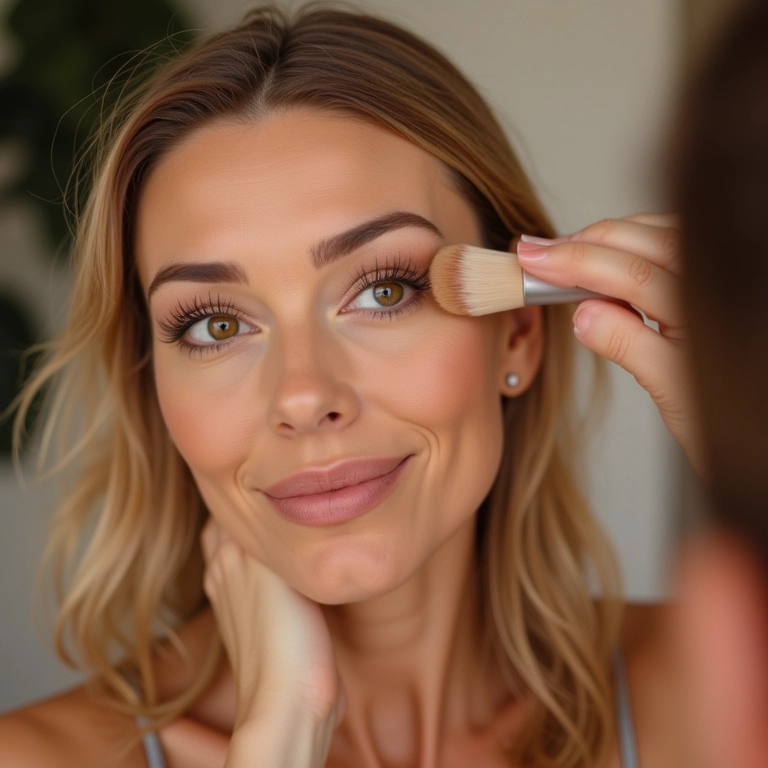 Mulher madura aplicando iluminador para um glow natural.