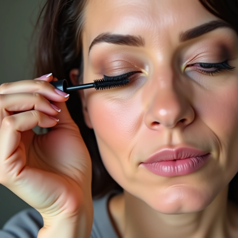 Mulher madura aplicando máscara de cílios para um olhar poderoso.