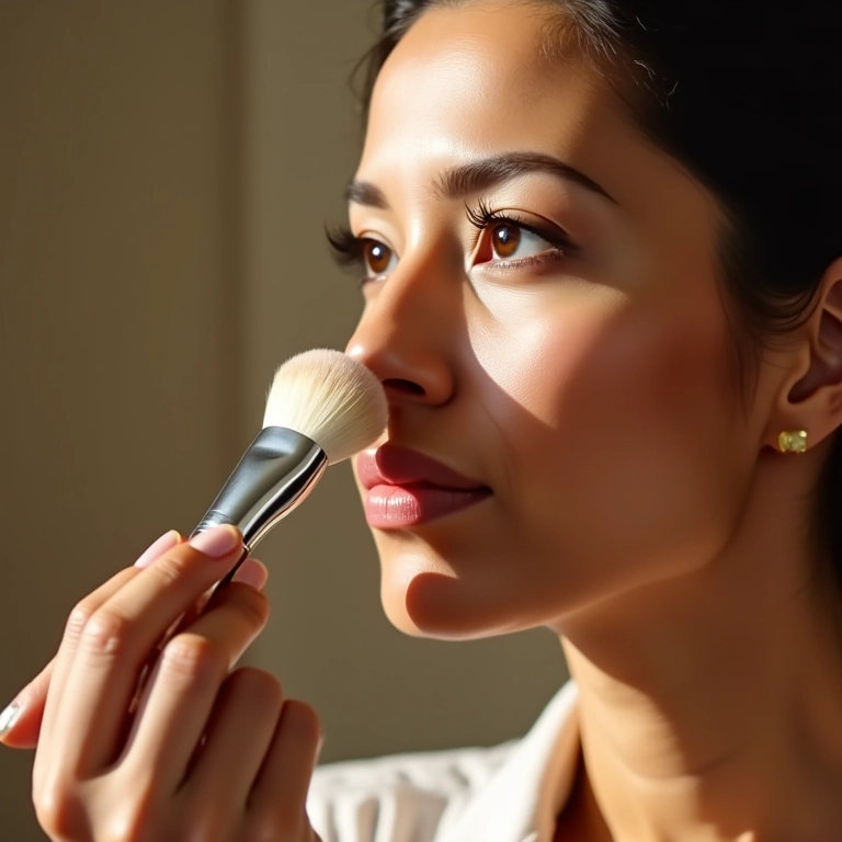 Mulher madura aplicando pó facial fino para pele radiante.