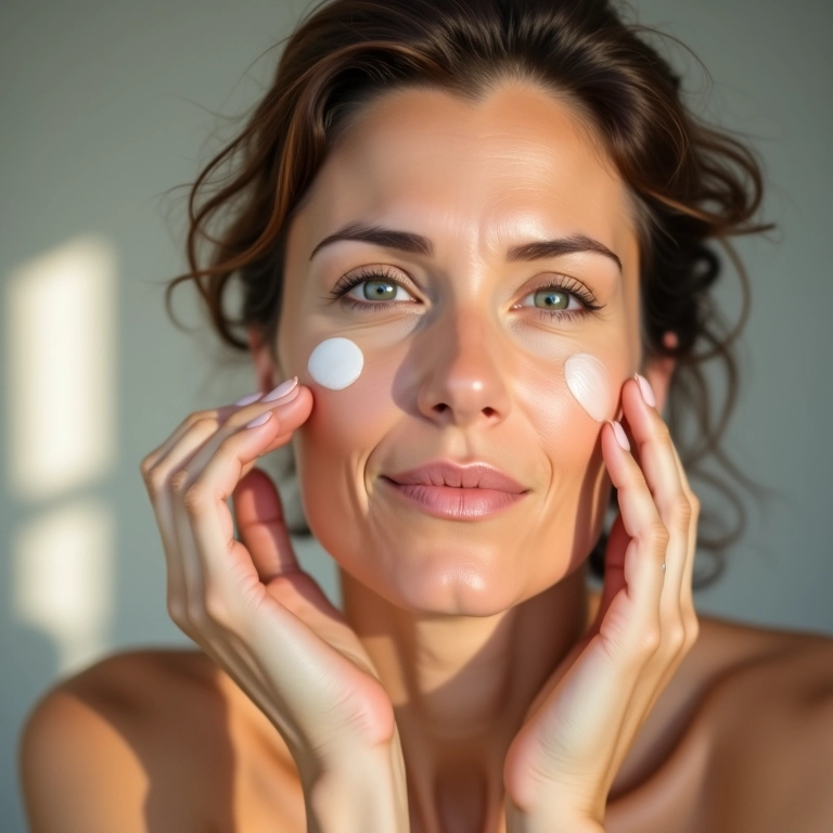 Mulher madura aplicando primer hidratante antes da base.