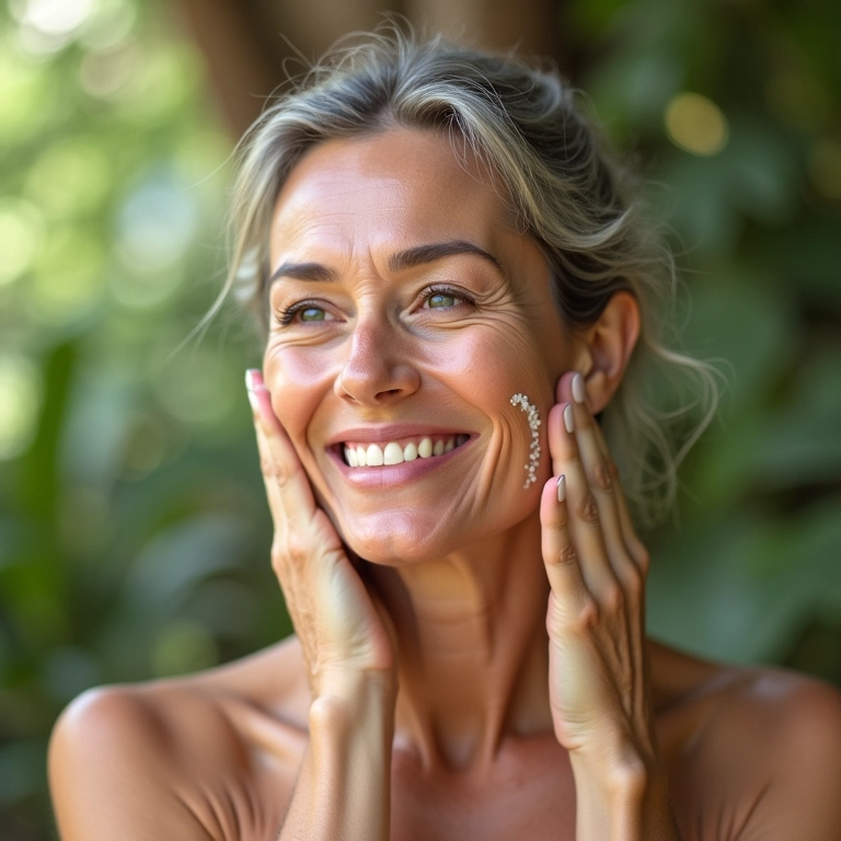 Mulher madura aplicando primer hidratante com ácido hialurônico.