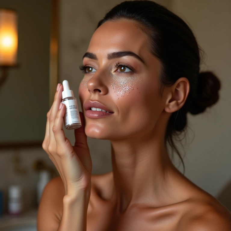 Mulher madura aplicando sérum anti-idade com pó de diamante no banheiro.