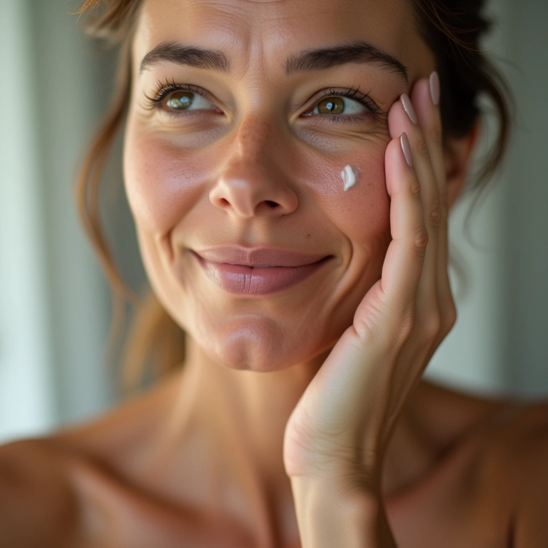 Mulher madura aplicando sérum hidratante no rosto para uma pele radiante.