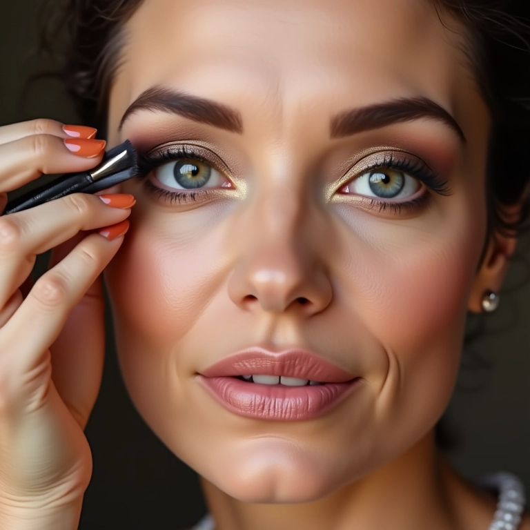Mulher madura aplicando sombra iluminadora para realçar o olhar.