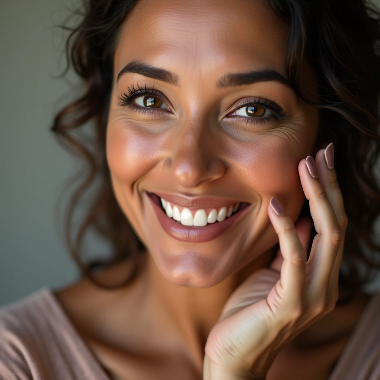 Mulher madura brasileira sorrindo enquanto aplica maquiagem, pele radiante.