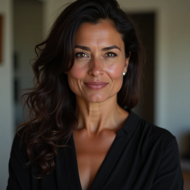 Mulher madura com blush rosado e vestido preto.