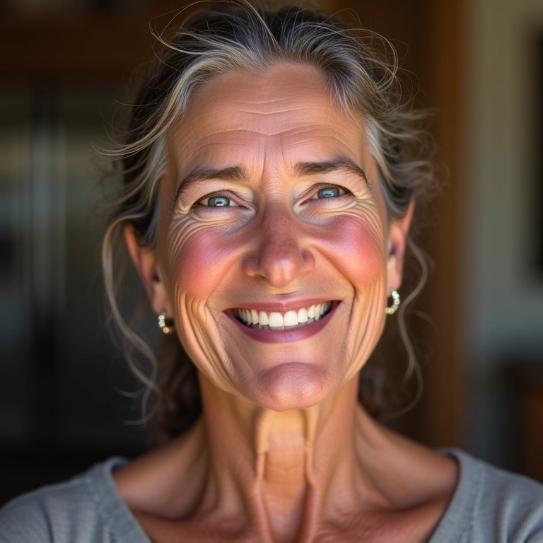 Mulher madura com blush vinho, sorriso radiante.