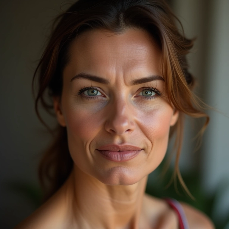 Mulher madura com pó facial aplicado de forma suave.