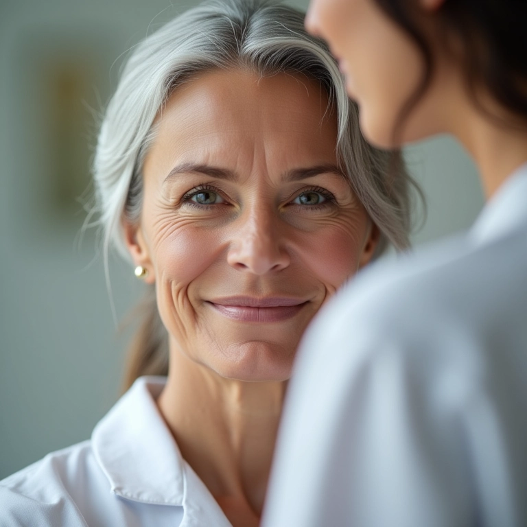 Mulher madura consultando dermatologista sobre cuidados com a pele.