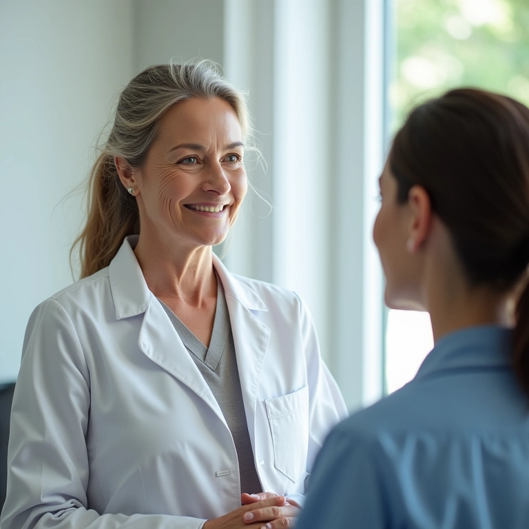 Mulher madura consultando dermatologista sobre cuidados com a pele.