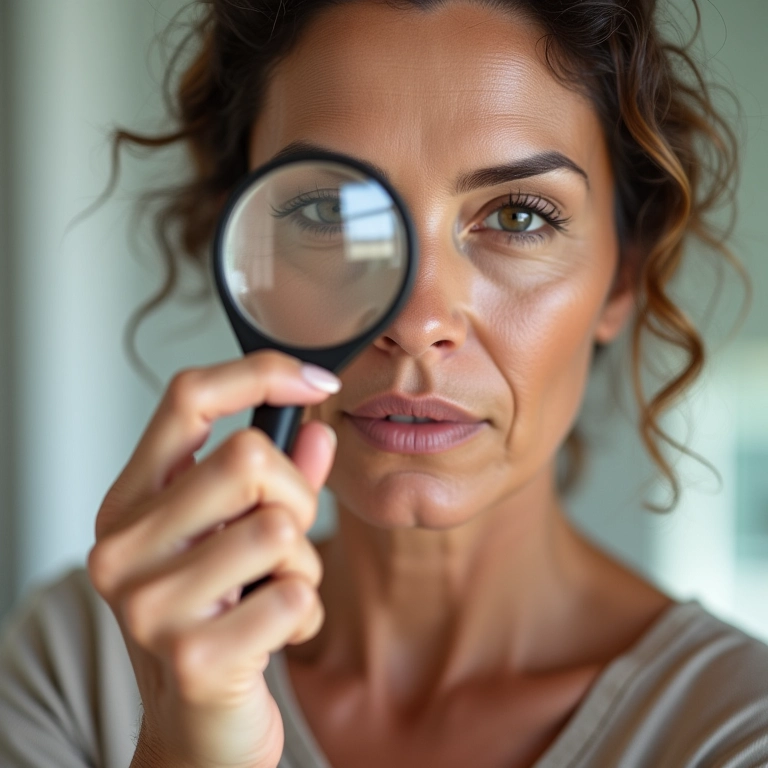 Mulher madura examinando ingredientes anti-idade na embalagem da base.