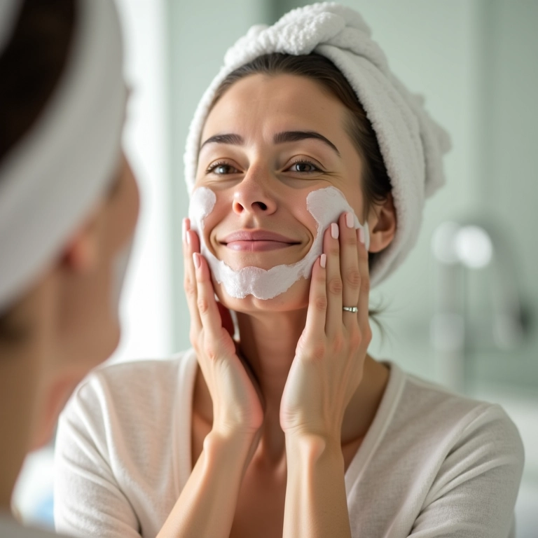 Mulher madura limpando o rosto suavemente com um produto de limpeza facial.