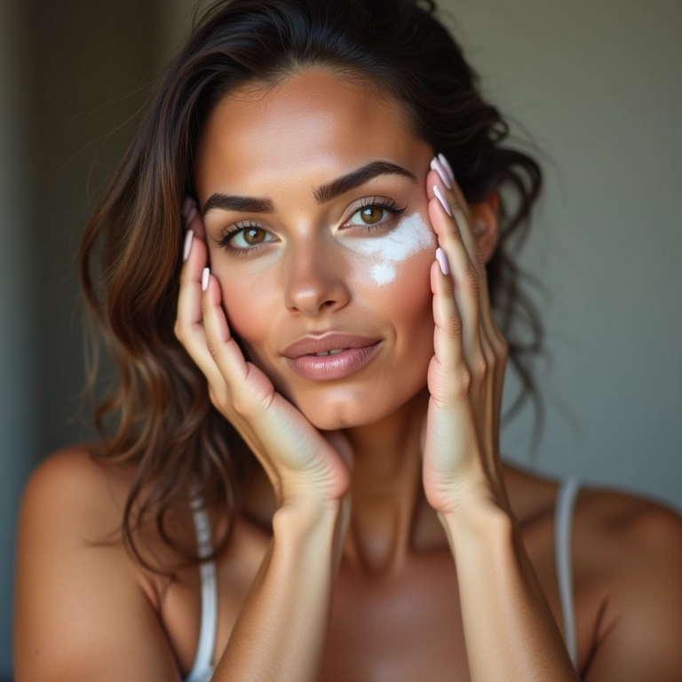 Mulher madura preparando a pele com primer em óleo.