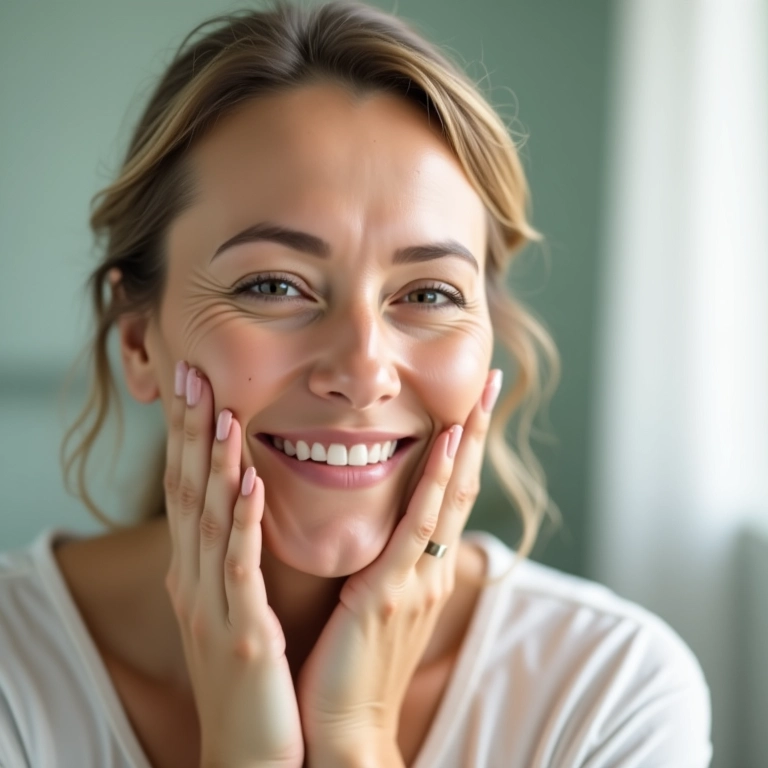 Mulher madura realizando rotina de skincare em casa.