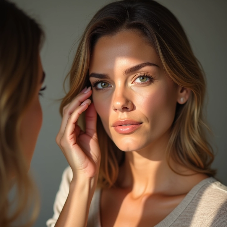 Mulher madura testando a cor da base na luz natural em frente ao espelho.