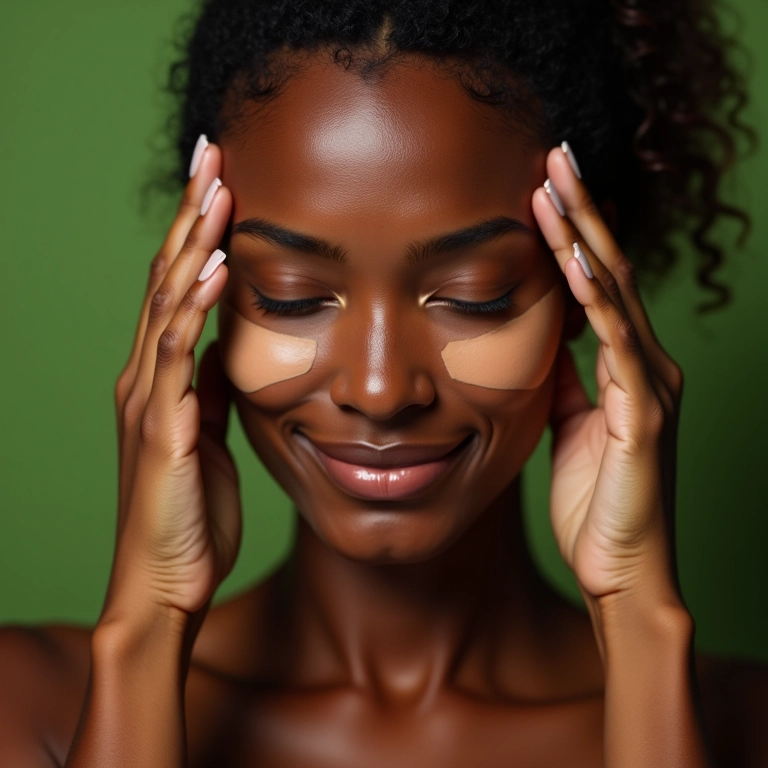 Mulher massageando área dos olhos com corretivo de chá verde.