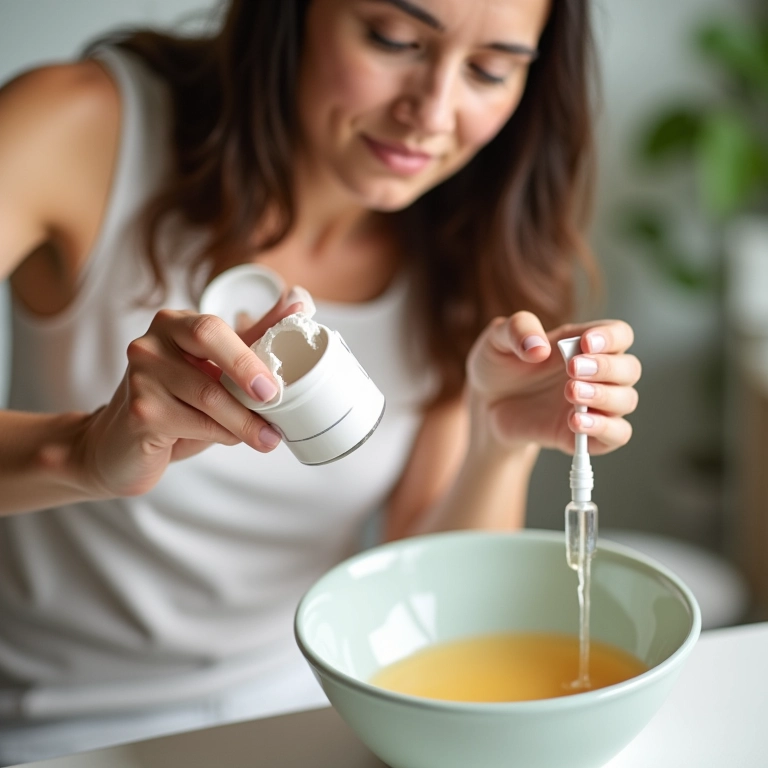Mulher misturando glicerina em um fixador de maquiagem caseiro.