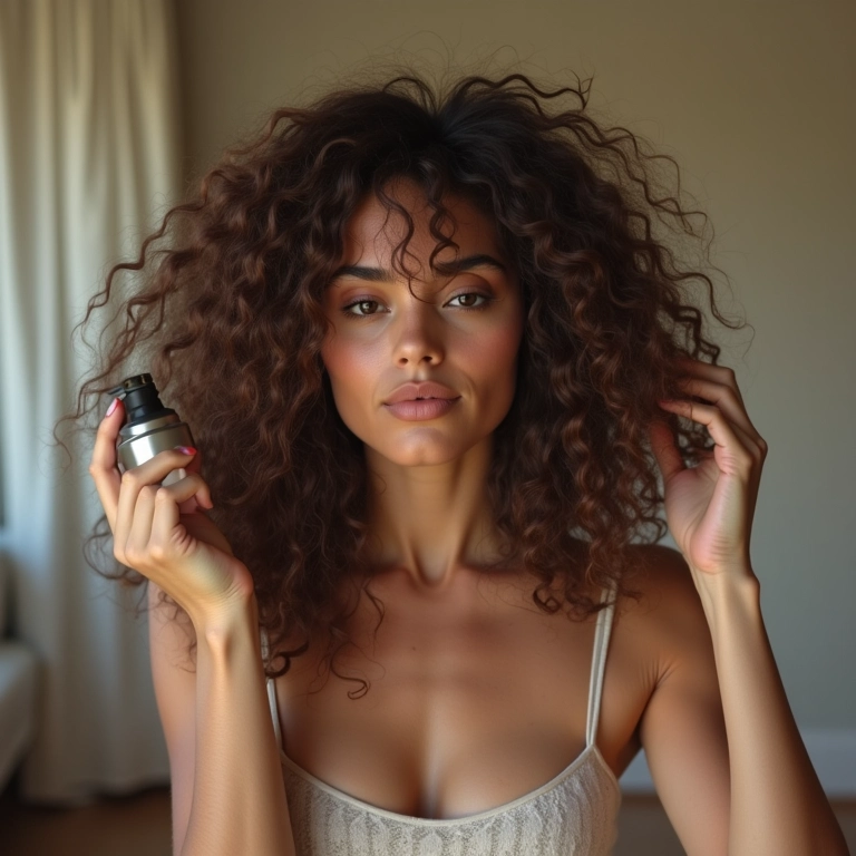 Mulher modelando o cabelo com fixador em mousse para volume, penteado volumoso.