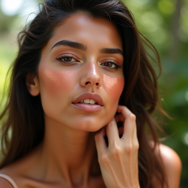 Mulher morena aplicando blush bronze.