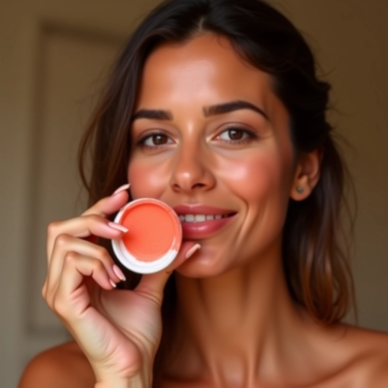 Mulher morena aplicando blush em pó solto coral.