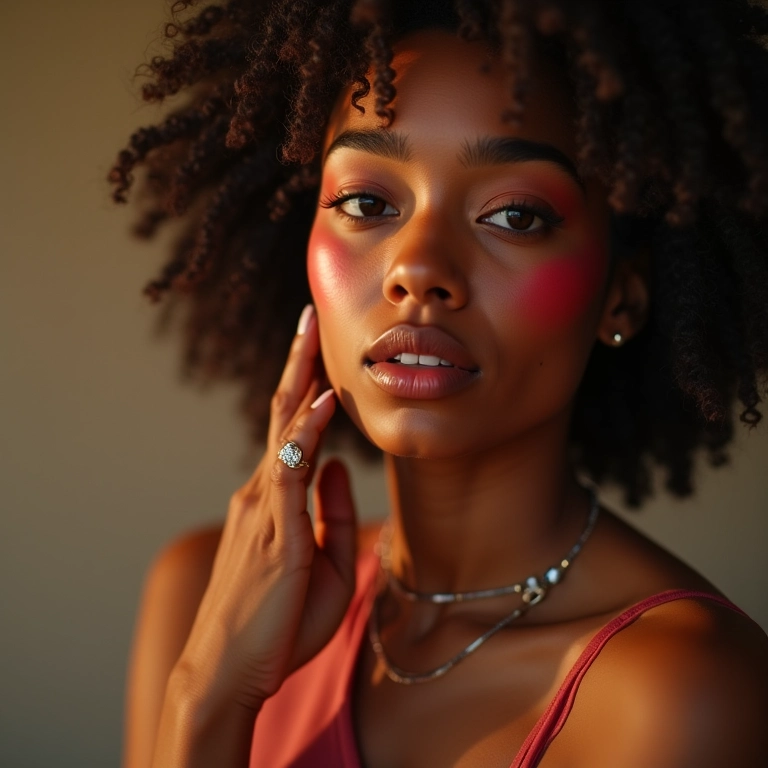 Mulher morena aplicando blush vinho, tons quentes.