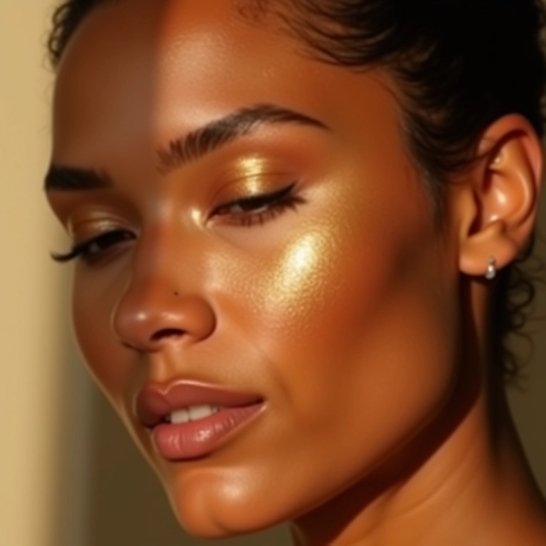Mulher morena aplicando iluminador dourado bronze nas maçãs do rosto.