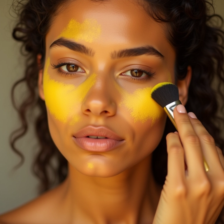 Mulher morena aplicando pó finalizador amarelo no rosto.