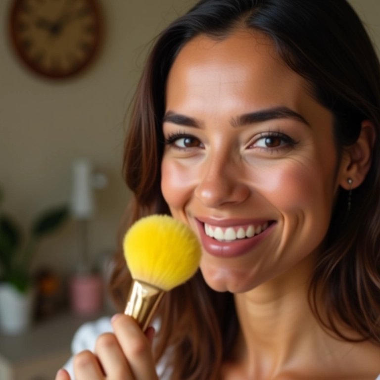 Mulher morena aplicando pó translúcido amarelo.