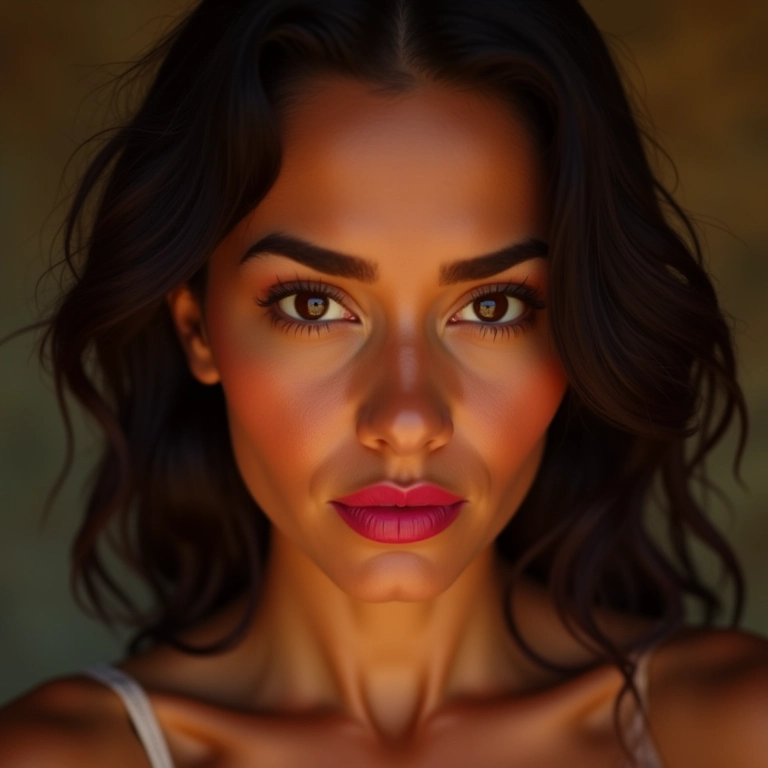 Mulher morena com batom rosa médio em cenário brasileiro.