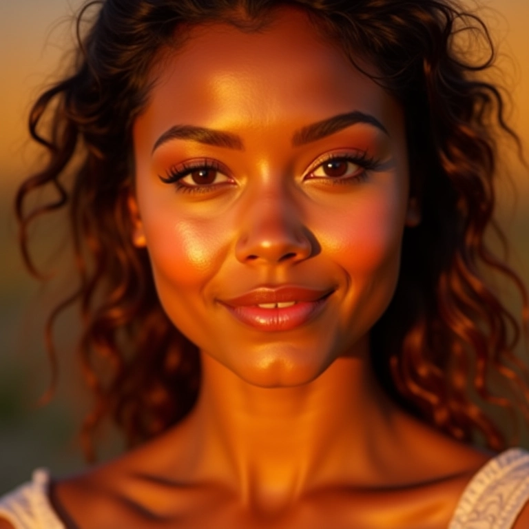 Mulher morena com pele radiante usando iluminador pêssego.