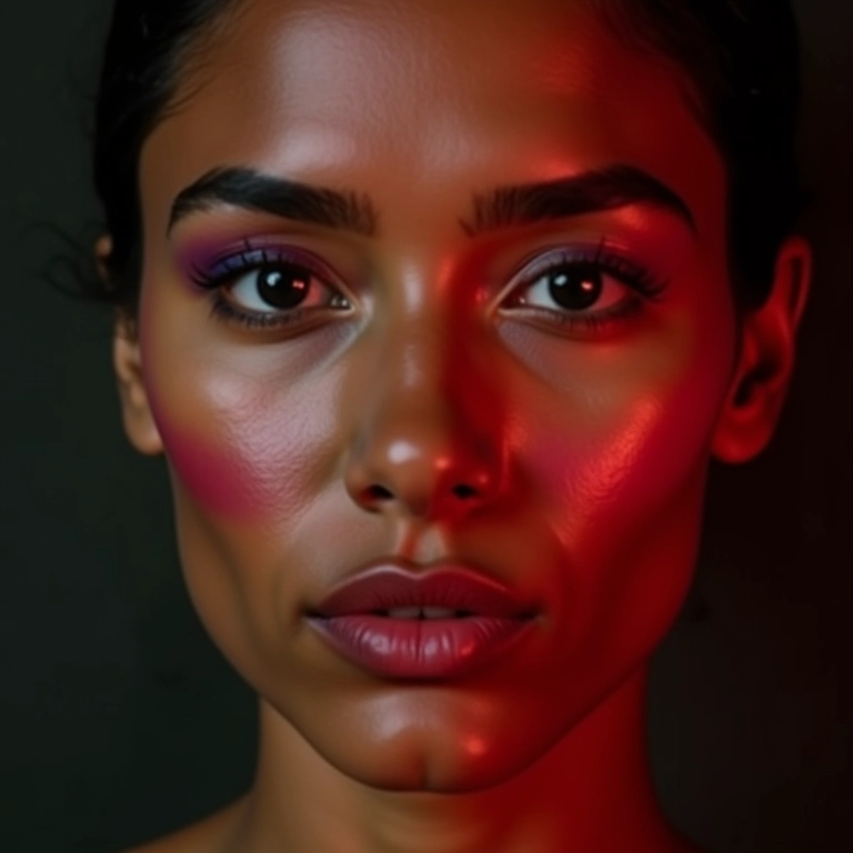 Mulher morena destacando as maçãs do rosto com iluminador duochrome.