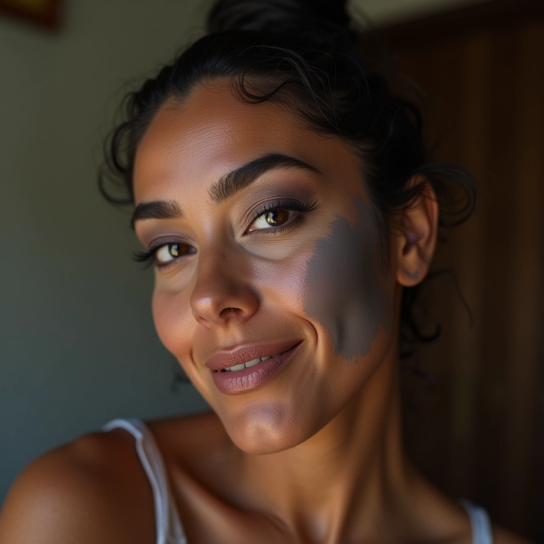 Mulher morena realçando as maçãs do rosto com contorno cinza.