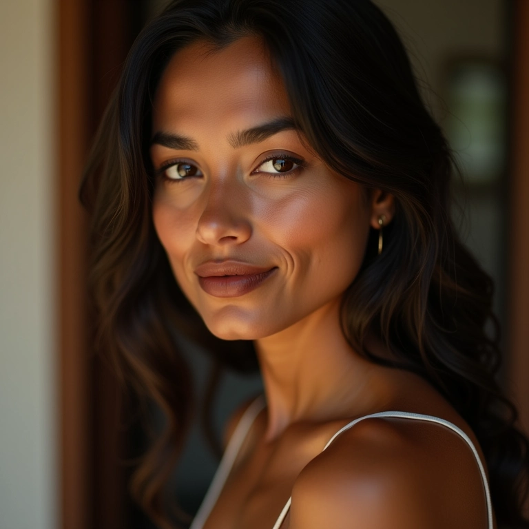 Mulher morena usando batom marrom médio.