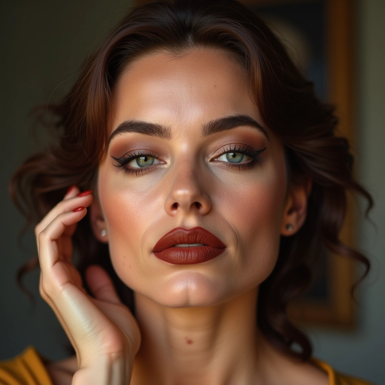 Mulher mostrando maquiagem artística dos anos 60.