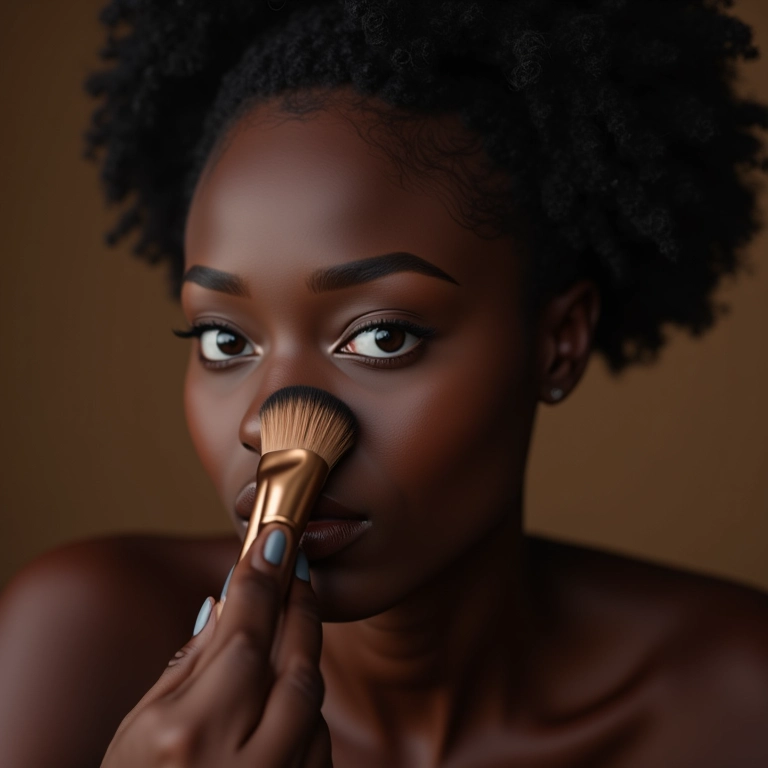 Mulher negra aplicando base com pincel.