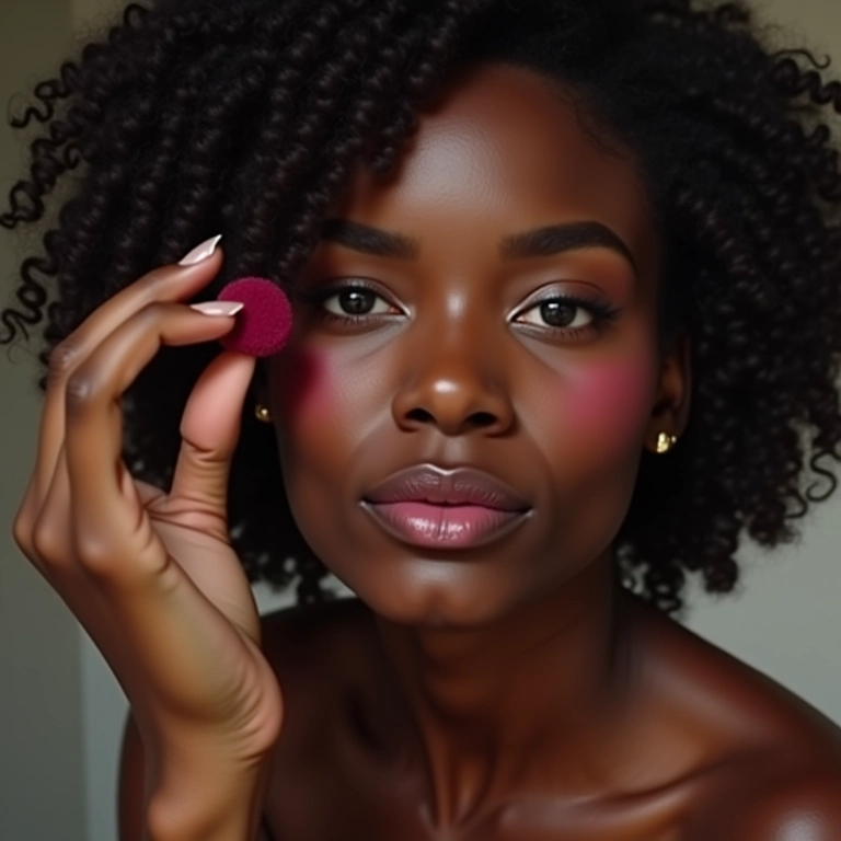 Mulher negra aplicando blush em pó solto vinho.