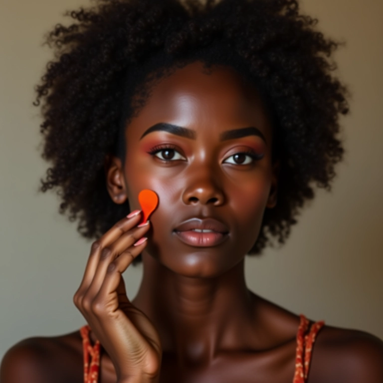Mulher negra aplicando blush terracota.
