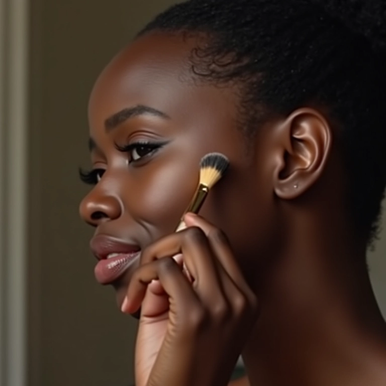 Mulher negra aplicando bronzer corretamente nas maçãs do rosto.